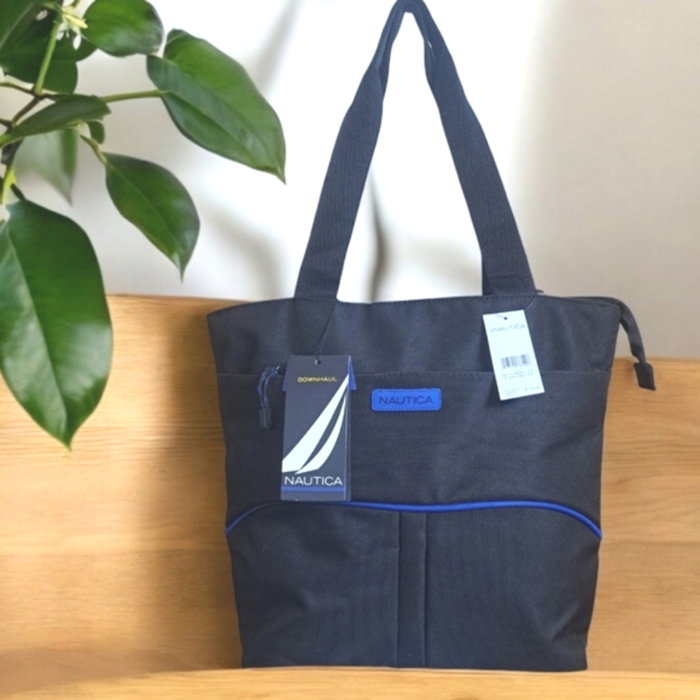 NWT Nautica Downhaul Black Blue Tote Bag Carry On 14"x17" Sturdy Travel Luggage